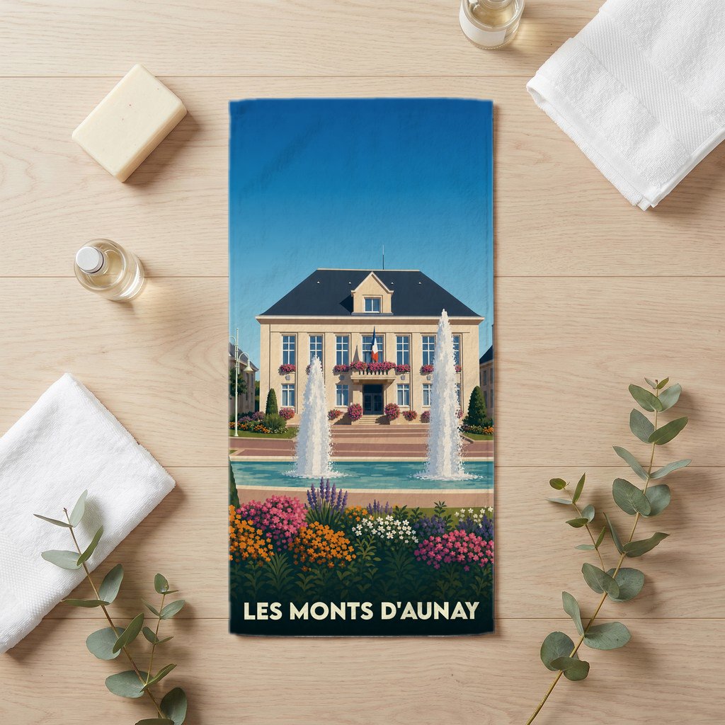 Serviette de bain souvenir de la ville de Les Monts d'Aunay avec une illustration stylisée de l'hôtel de ville.