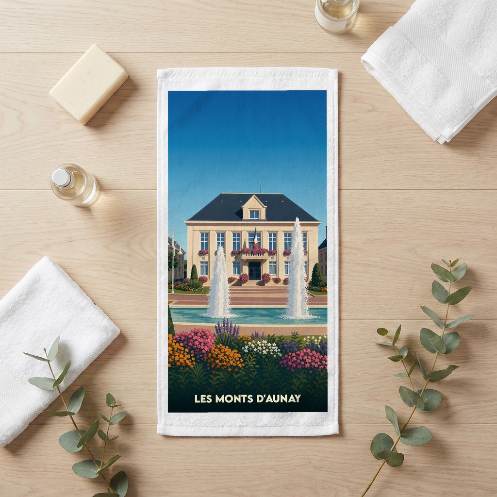 Serviette de bain souvenir de la ville de Les Monts d'Aunay avec une illustration stylisée.