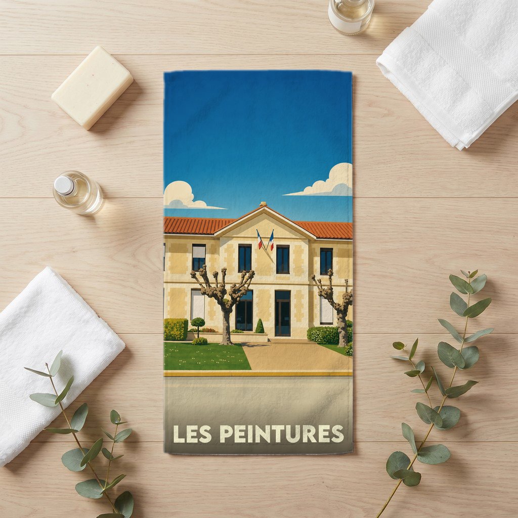 Serviette de bain souvenir de la ville de Les Peintures avec une illustration stylisée.