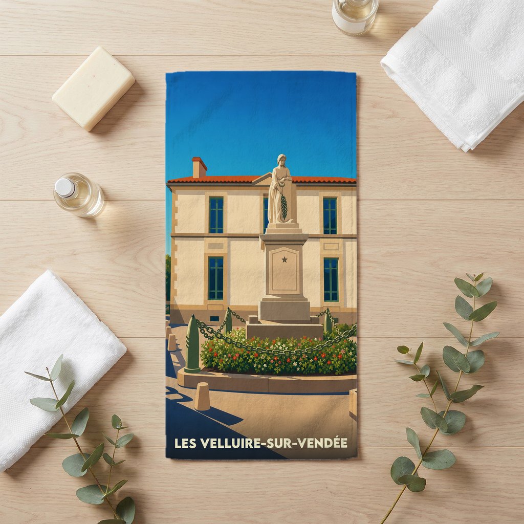 Serviette de bain souvenir de la ville de Les Velluire-sur-Vendée avec une illustration stylisée.