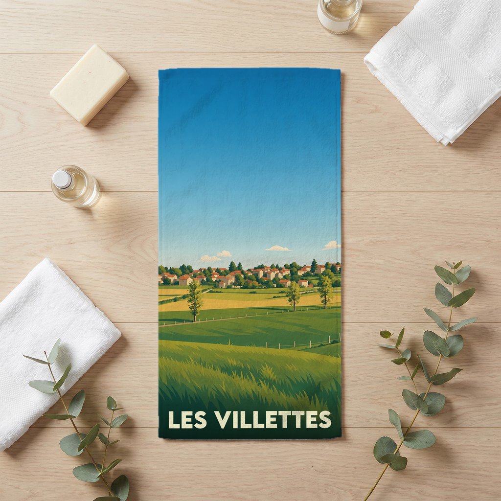 Serviette de bain souvenir de la ville de Les Villettes avec une illustration stylisée de paysages vallonnés.