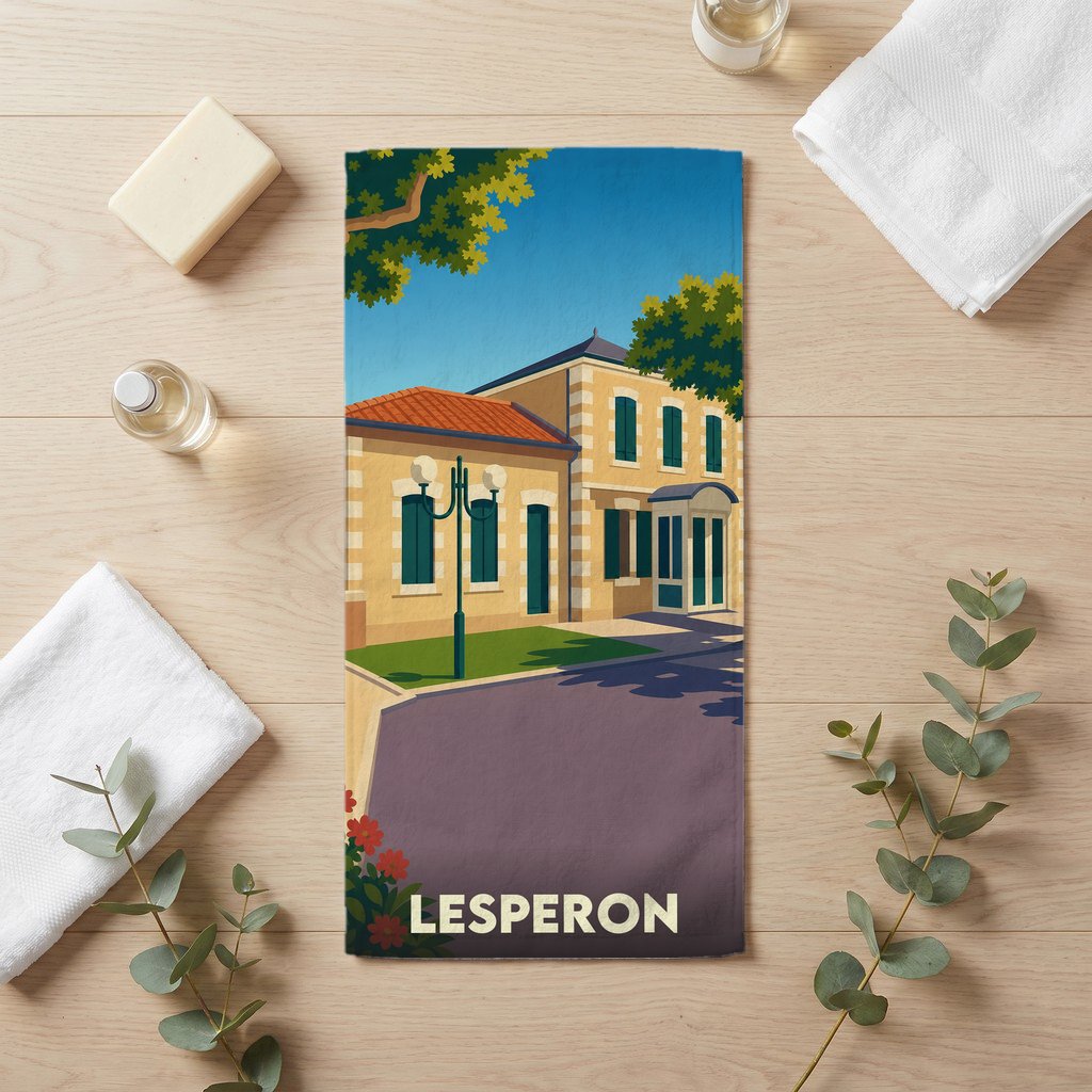 Serviette de bain souvenir de la ville de Lesperon avec une illustration stylisée.