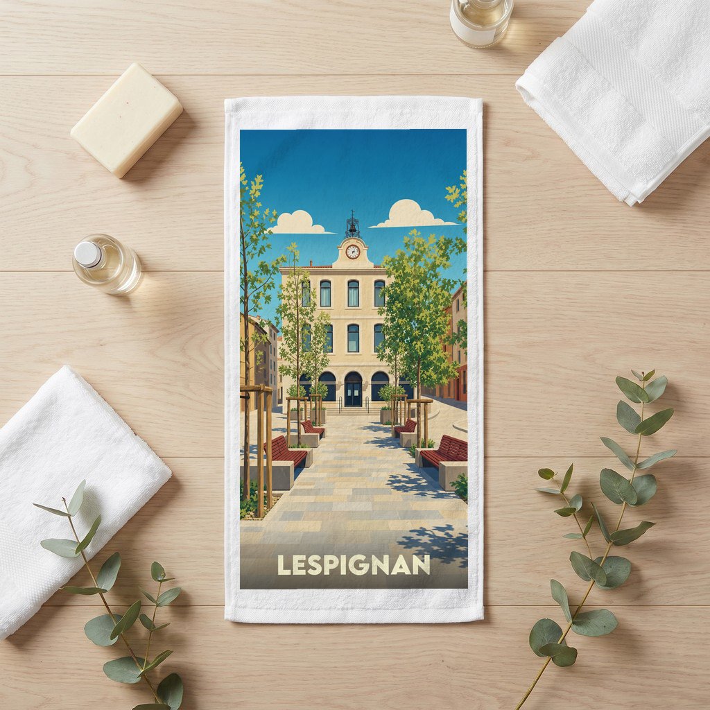 Serviette de bain souvenir de la ville de Lespignan avec une illustration stylisée de sa place centrale.