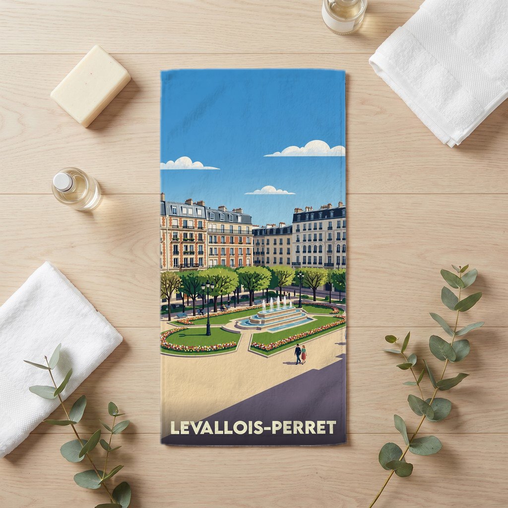 Serviette de bain souvenir de la ville de Levallois-Perret avec une illustration stylisée de sa place principale.