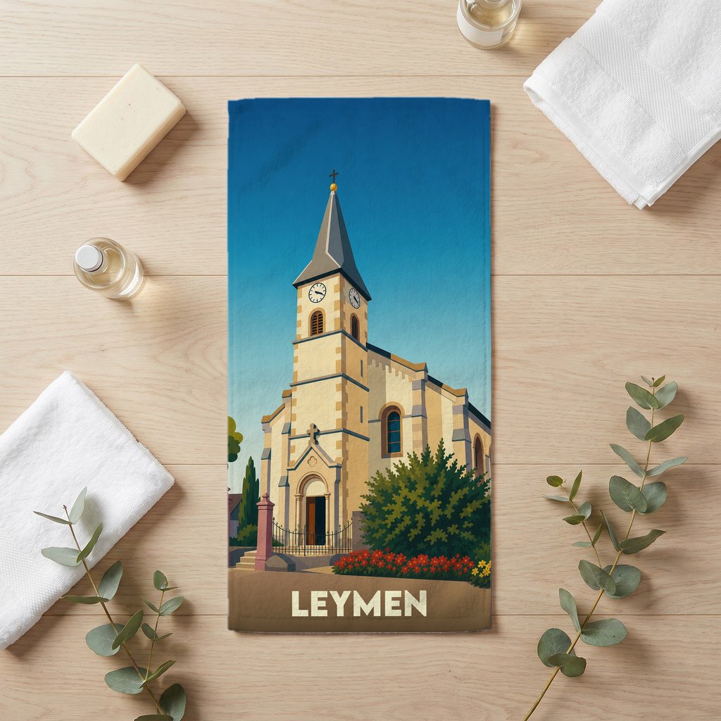 Serviette de bain souvenir de la ville de Leymen avec une illustration stylisée de son église.