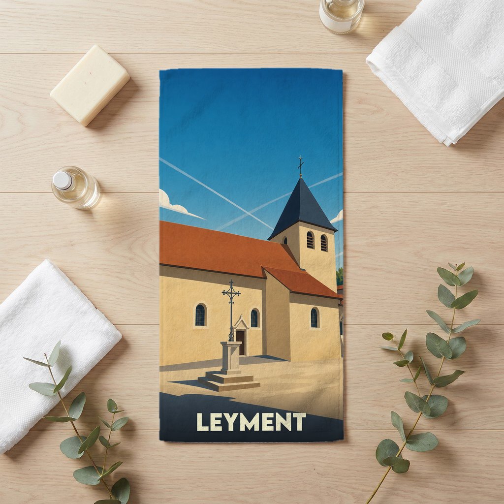 Serviette de bain souvenir de la ville de Leyment avec une illustration stylisée de son église.