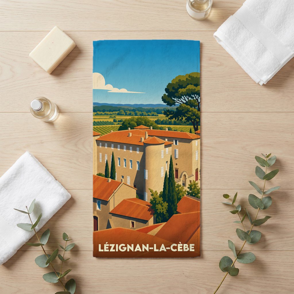 Serviette de bain souvenir de Lézignan-la-Cèbe ornée d'une illustration stylisée de la ville.