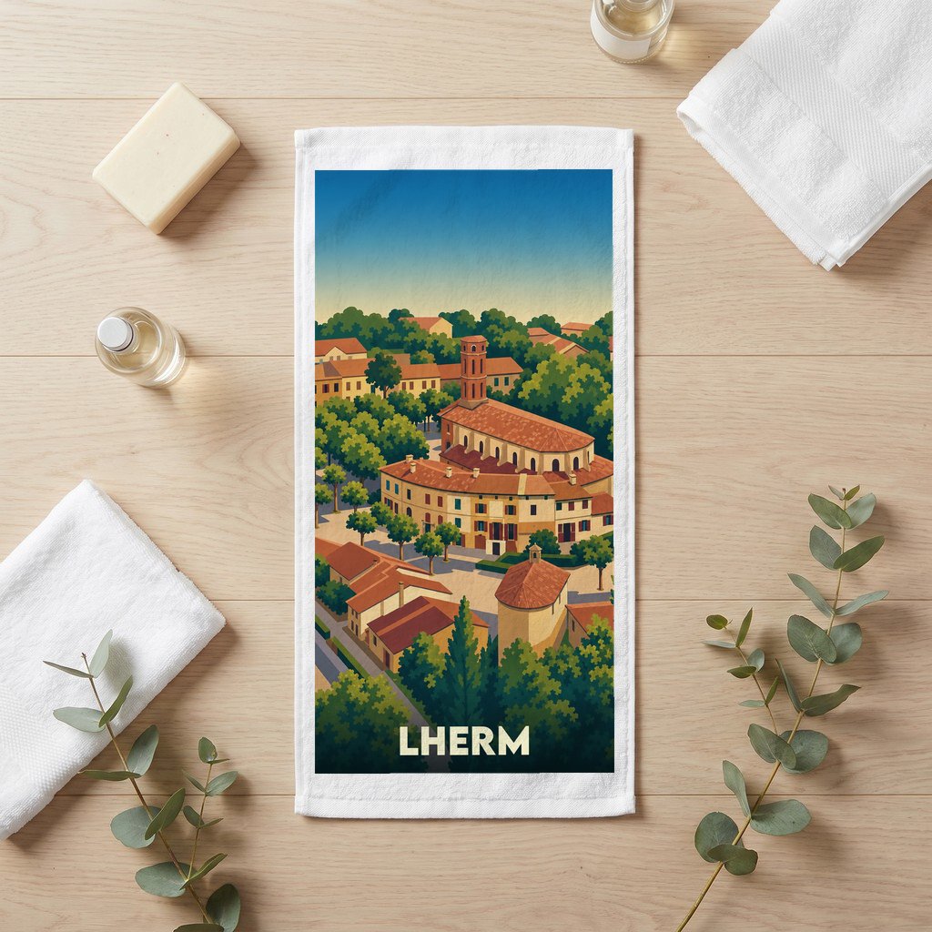 Serviette de bain souvenir de la ville de Lherm avec une illustration stylisée.