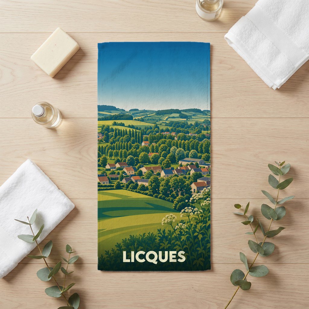 Serviette de bain souvenir de la ville de Licques avec une illustration de paysage champêtre.