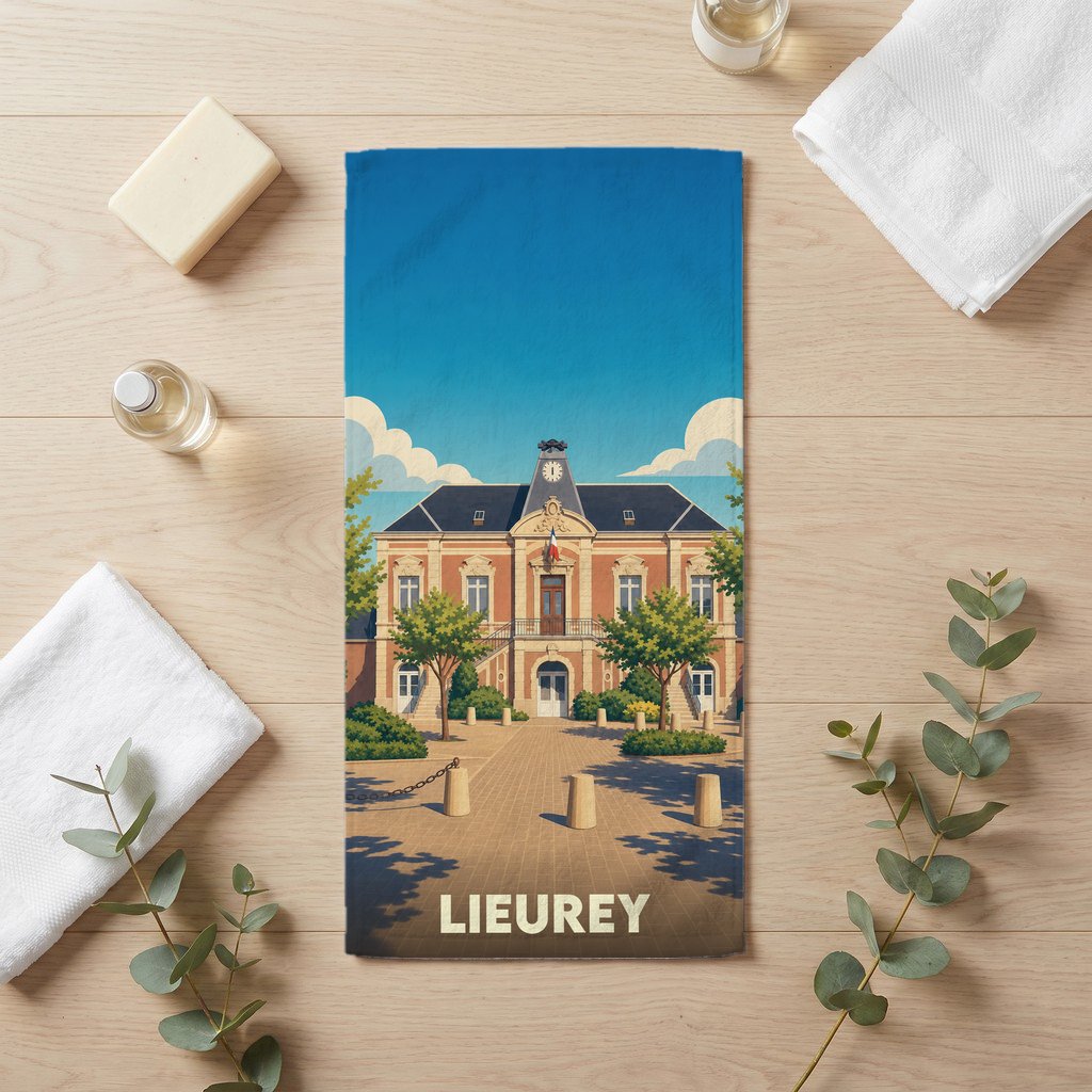 Serviette de bain souvenir de la ville de Lieurey avec une illustration stylisée de sa mairie.
