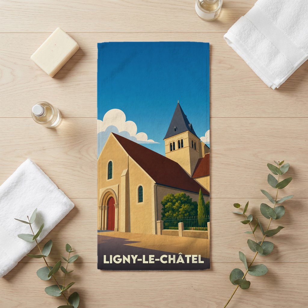 Serviette de bain souvenir de la ville de Ligny-le-Châtel avec une illustration stylisée de son église.