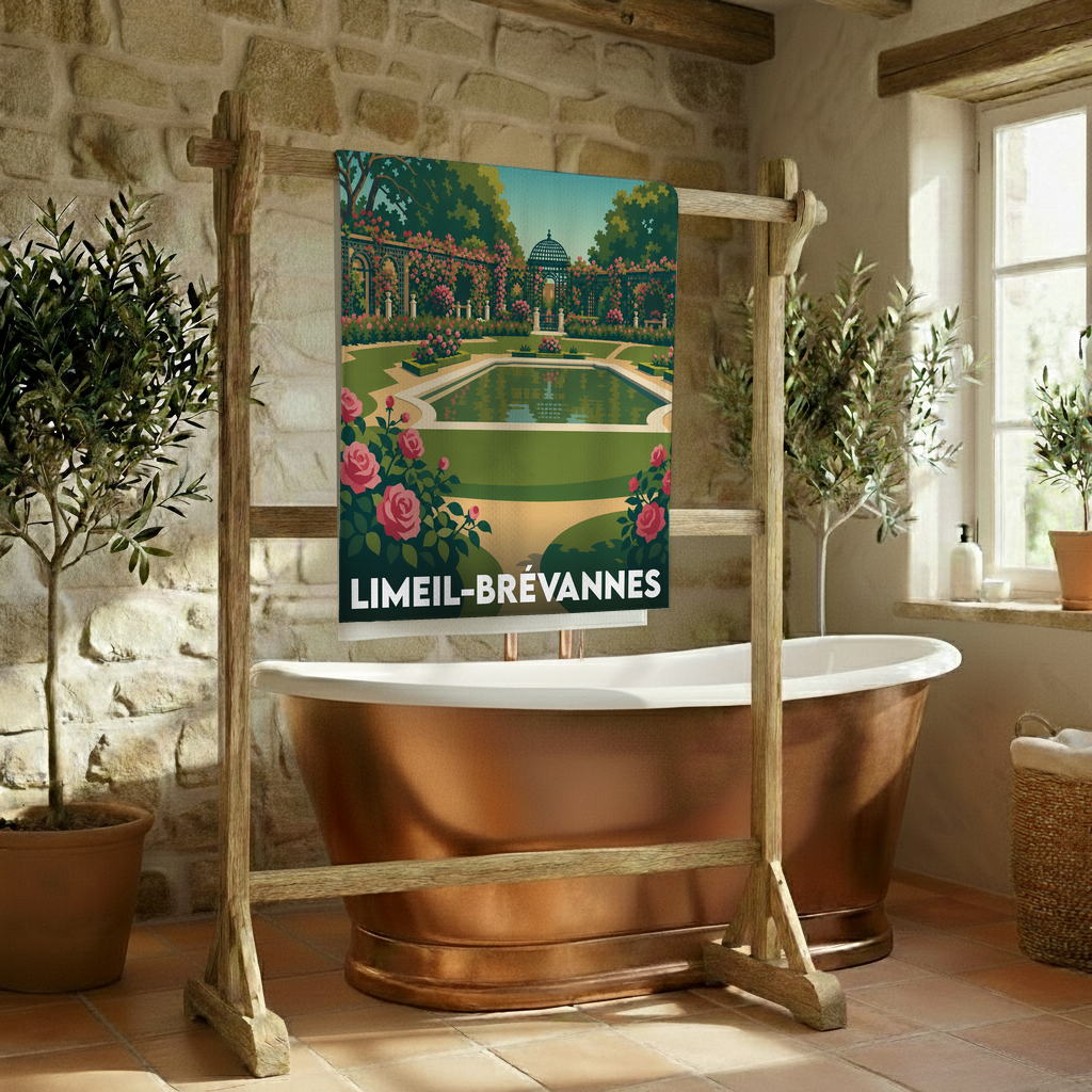Serviette de bain souvenir de Limeil-Brévannes illustrée d'un jardin fleuri avec bassin dans un style vintage.