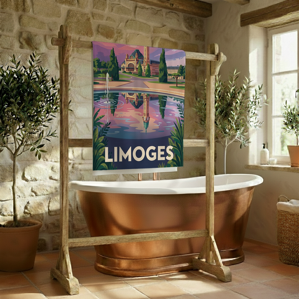 Serviette de bain souvenir de la ville de Limoges avec une illustration stylisée.