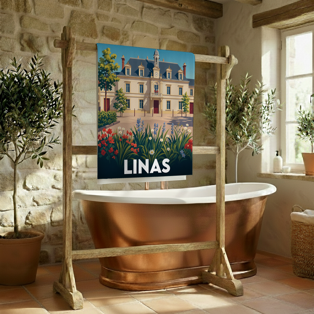 Serviette de bain souvenir de la ville de Linas avec une illustration stylisée.