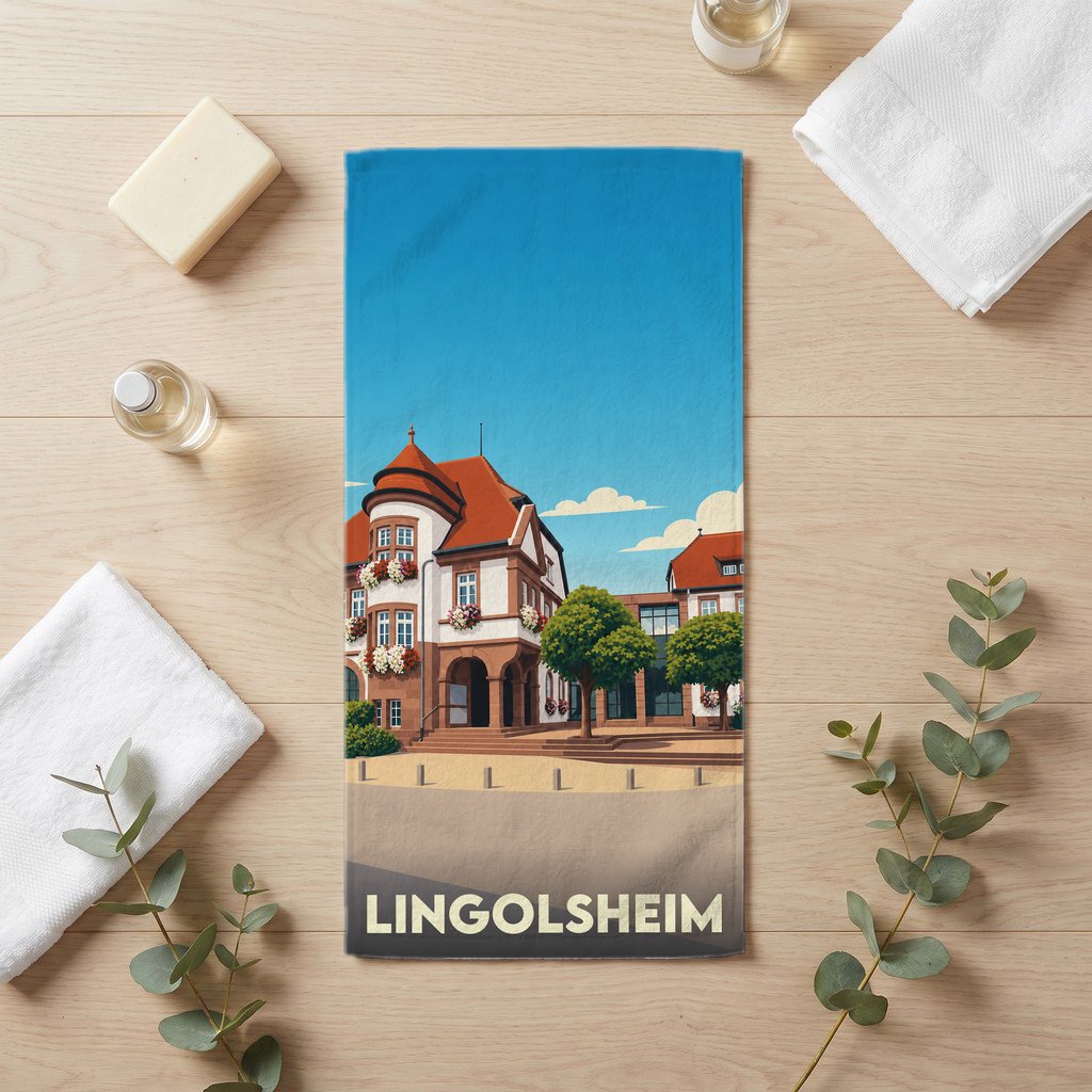 Serviette de bain souvenir de la ville de Lingolsheim avec une illustration stylisée de son architecture.