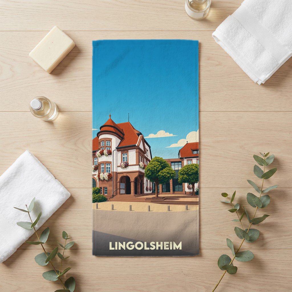 Serviette de bain souvenir de la ville de Lingolsheim avec une illustration stylisée de son architecture.