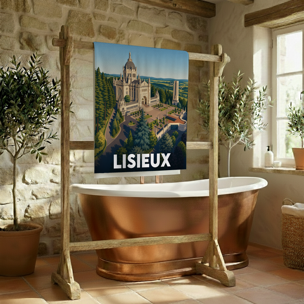 Serviette de bain souvenir de la ville de Lisieux avec une illustration stylisée de sa basilique.