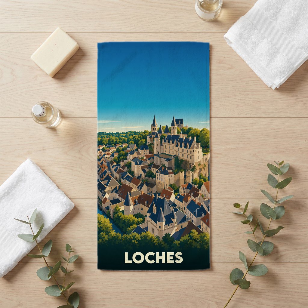 Serviette de bain souvenir de la ville de Loches avec une illustration stylisée de sa cité médiévale.