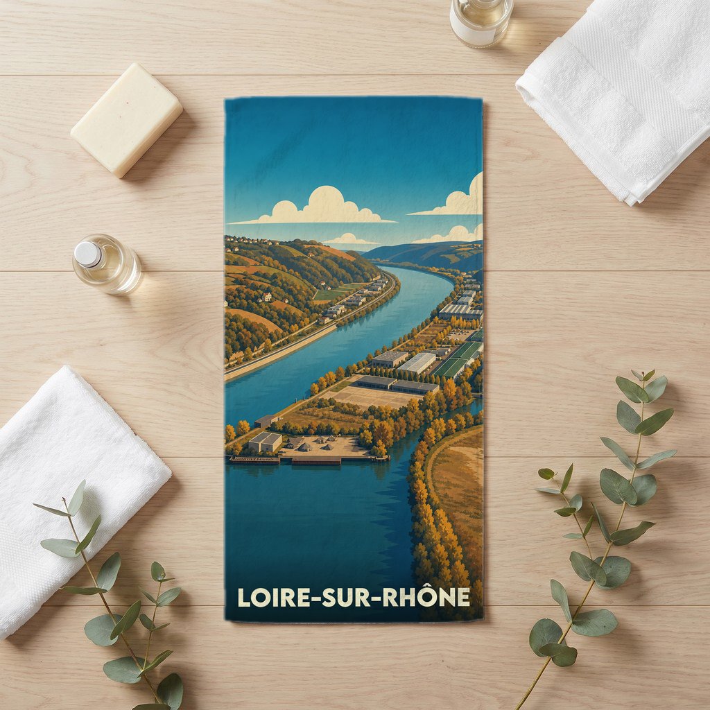 Serviette de bain souvenir de Loire-sur-Rhône avec une illustration stylisée de la ville et du fleuve.