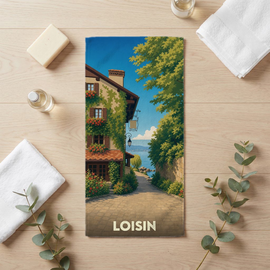 Serviette de bain souvenir de la ville de Loisin avec une illustration stylisée d'une ruelle fleurie menant au lac.