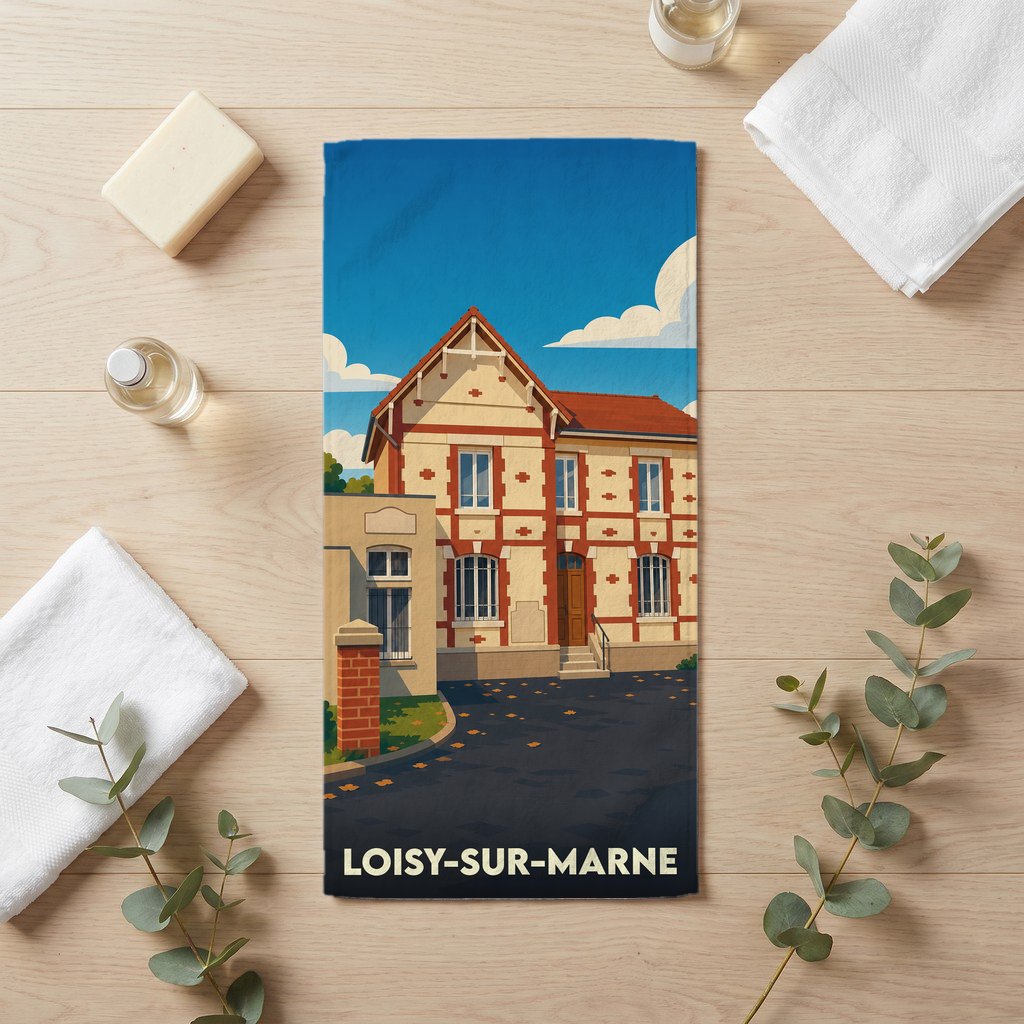 Serviette de bain souvenir de la ville de Loisy-sur-Marne avec une illustration stylisée d'une maison traditionnelle.