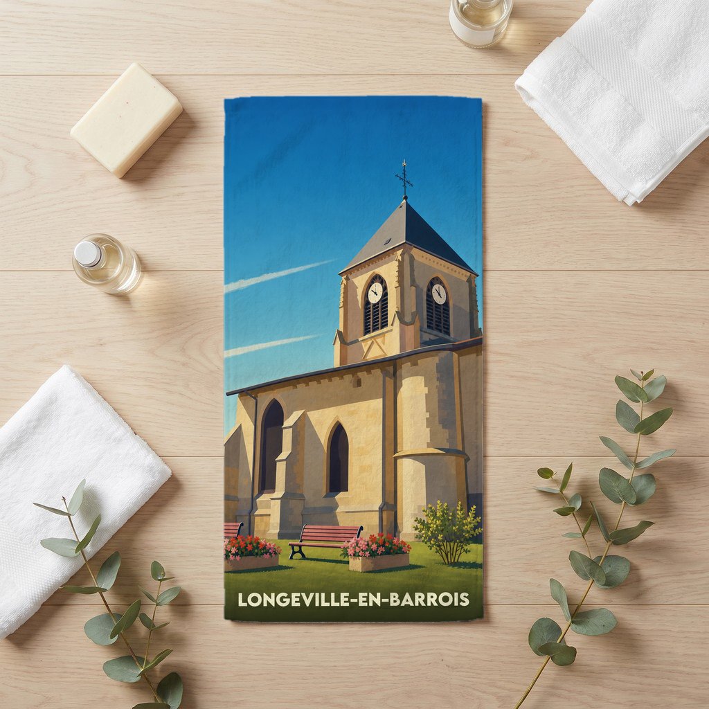 Serviette de bain souvenir de la ville de Longeville-en-Barrois illustrée d'une église sous un ciel bleu.