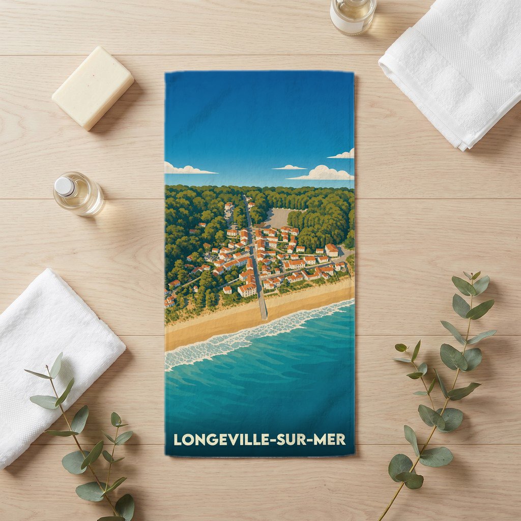 Serviette de bain souvenir de Longeville-sur-Mer illustrant la ville entre forêt et océan.