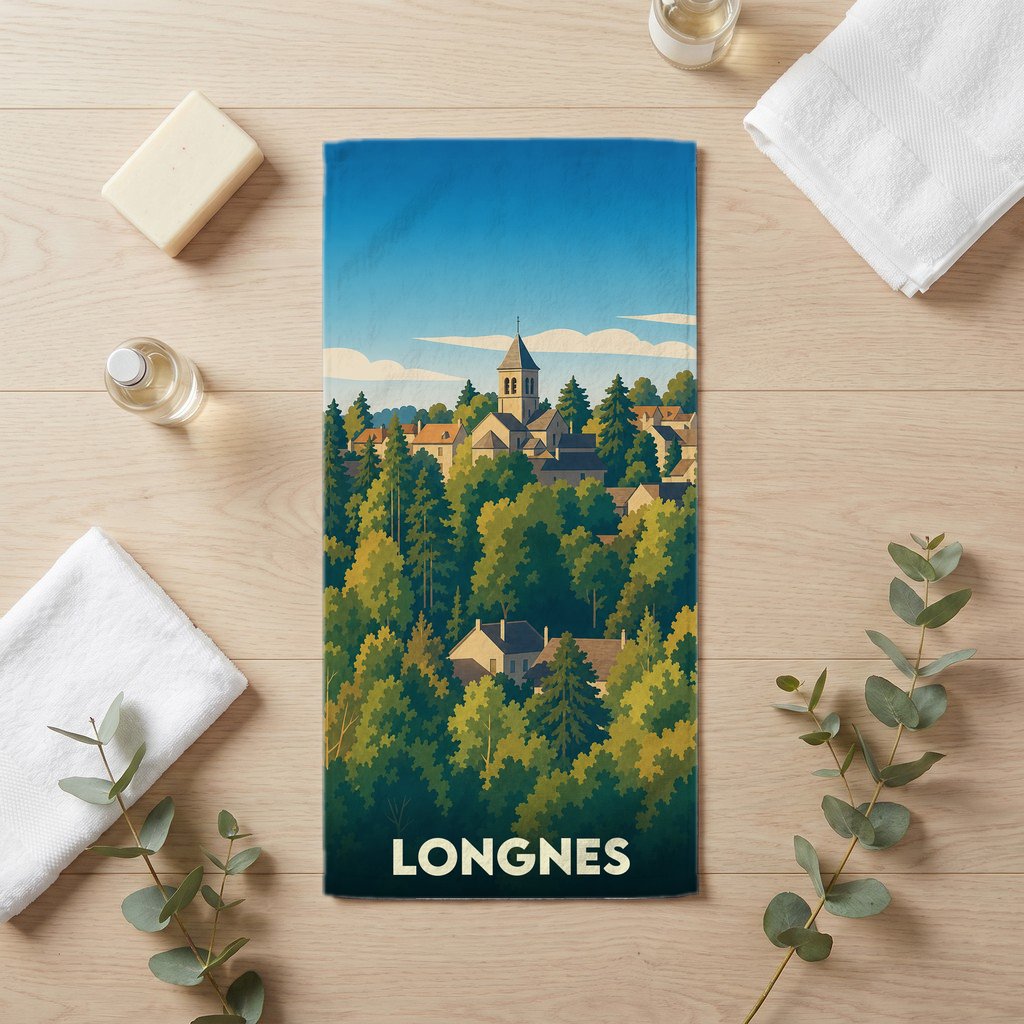 Serviette de bain souvenir de la ville de Longnes avec une illustration stylisée d'un village niché dans la forêt.