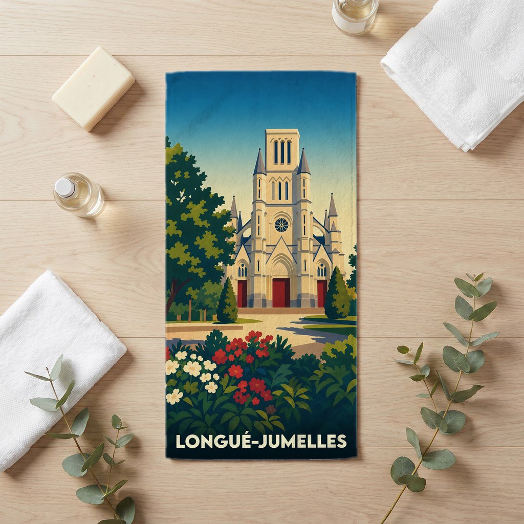 Serviette de bain souvenir de la ville de Longué-Jumelles avec une illustration stylisée de son église et de jardins fleuris.