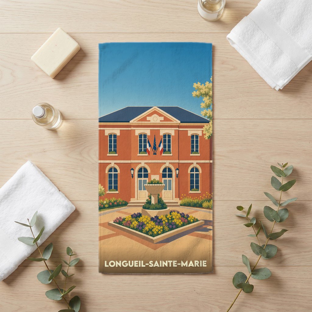 Serviette de bain souvenir de Longueil-Sainte-Marie illustrant l'hôtel de ville dans un style rétro.
