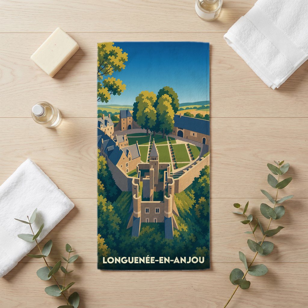 Serviette de bain souvenir de la ville de Longuenée-en-Anjou avec une illustration stylisée d'un château médiéval.
