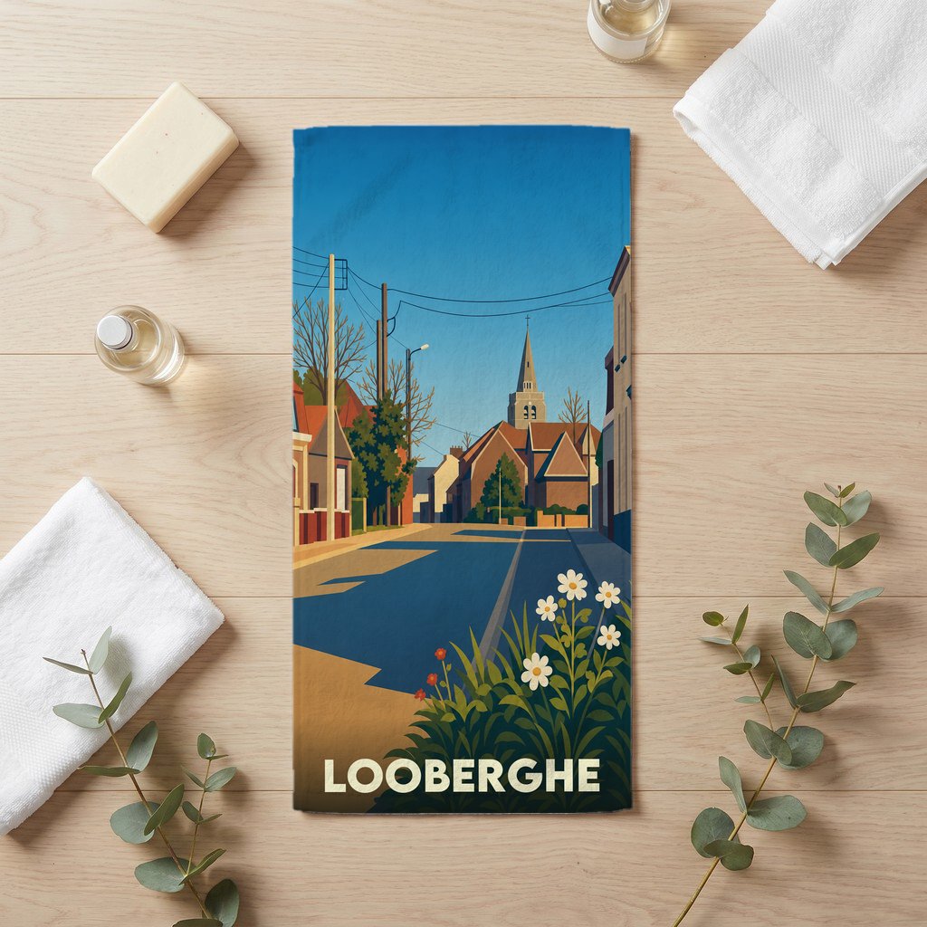 Serviette de bain souvenir de la ville de Looberghe avec une illustration stylisée.