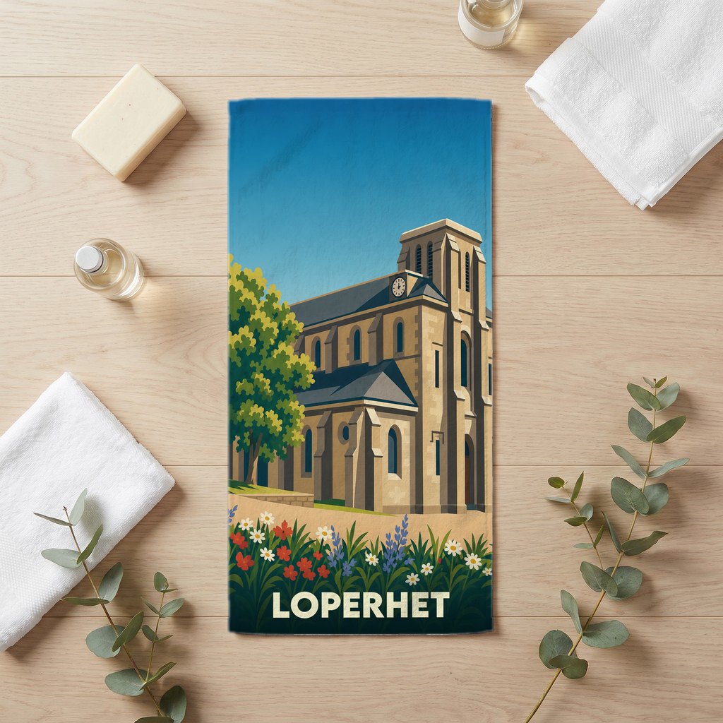 Serviette de bain souvenir de la ville de Loperhet illustrée par une église stylisée et un parterre de fleurs.