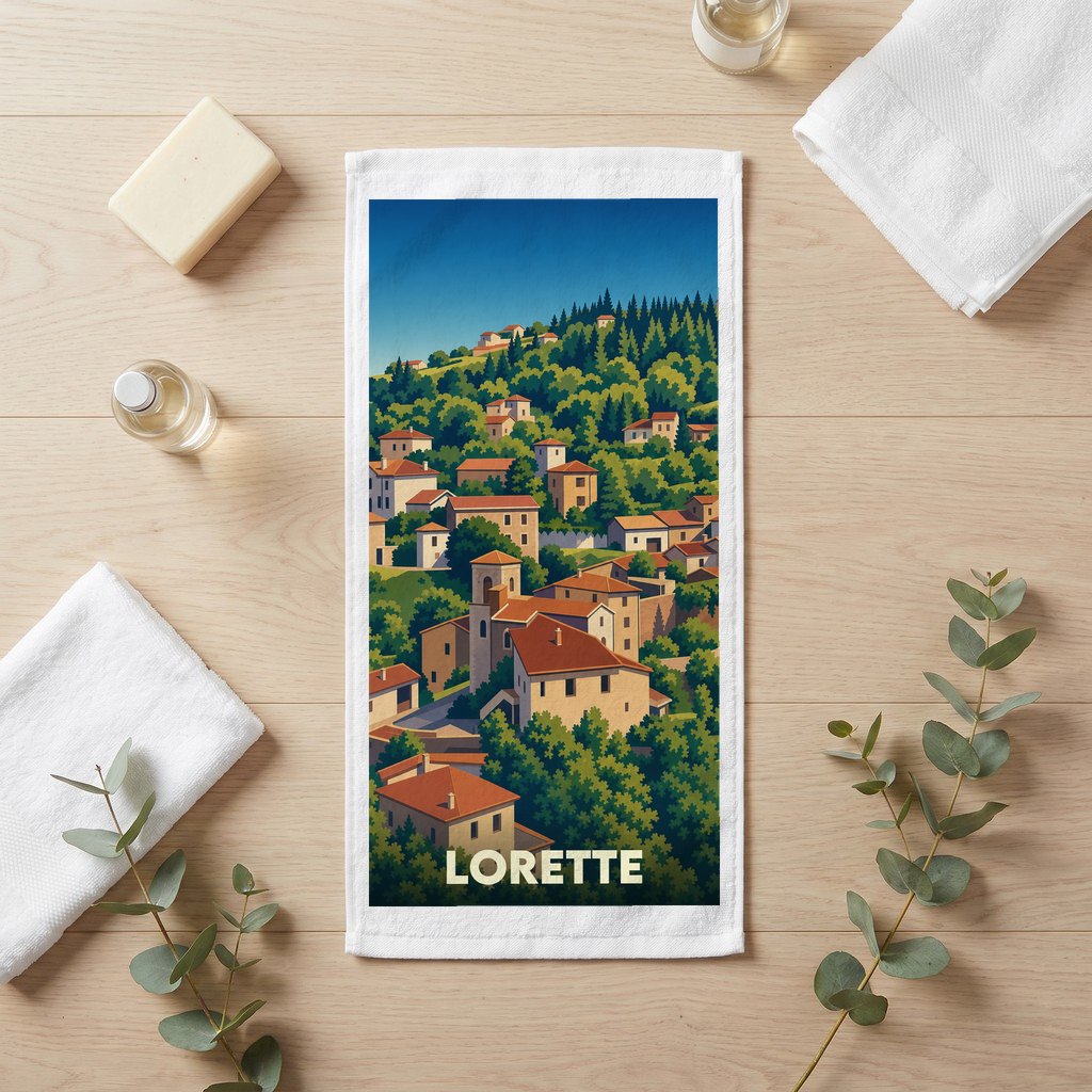 Serviette de bain souvenir de la ville de Lorette avec une illustration stylisée d'un village vallonné.