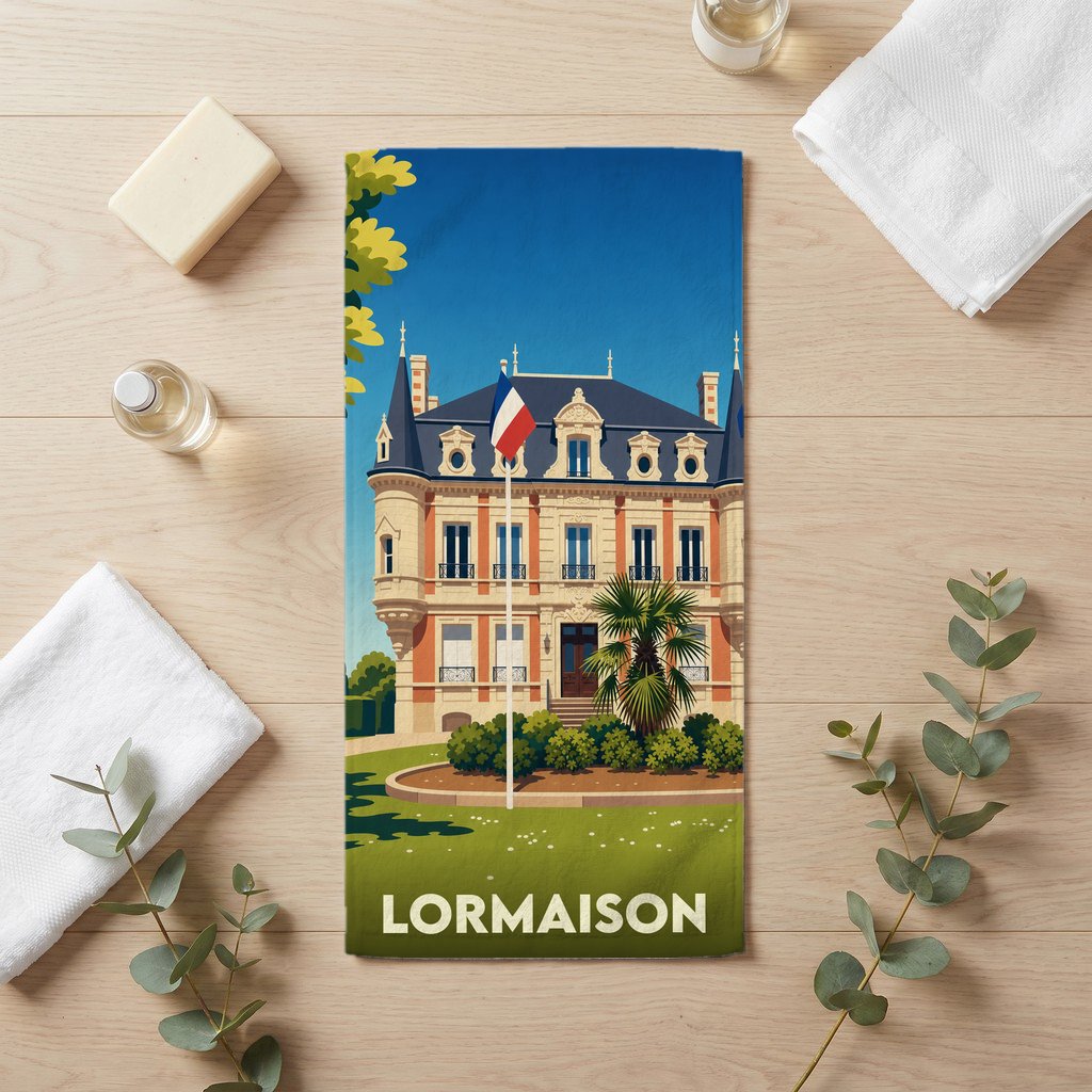 Serviette de bain souvenir de la ville de Lormaison avec une illustration stylisée d'un château français.