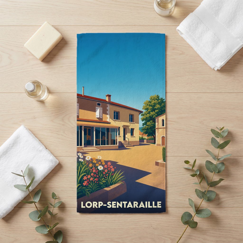 Serviette de bain souvenir de la ville de Lorp-Sentaraille avec une illustration stylisée.