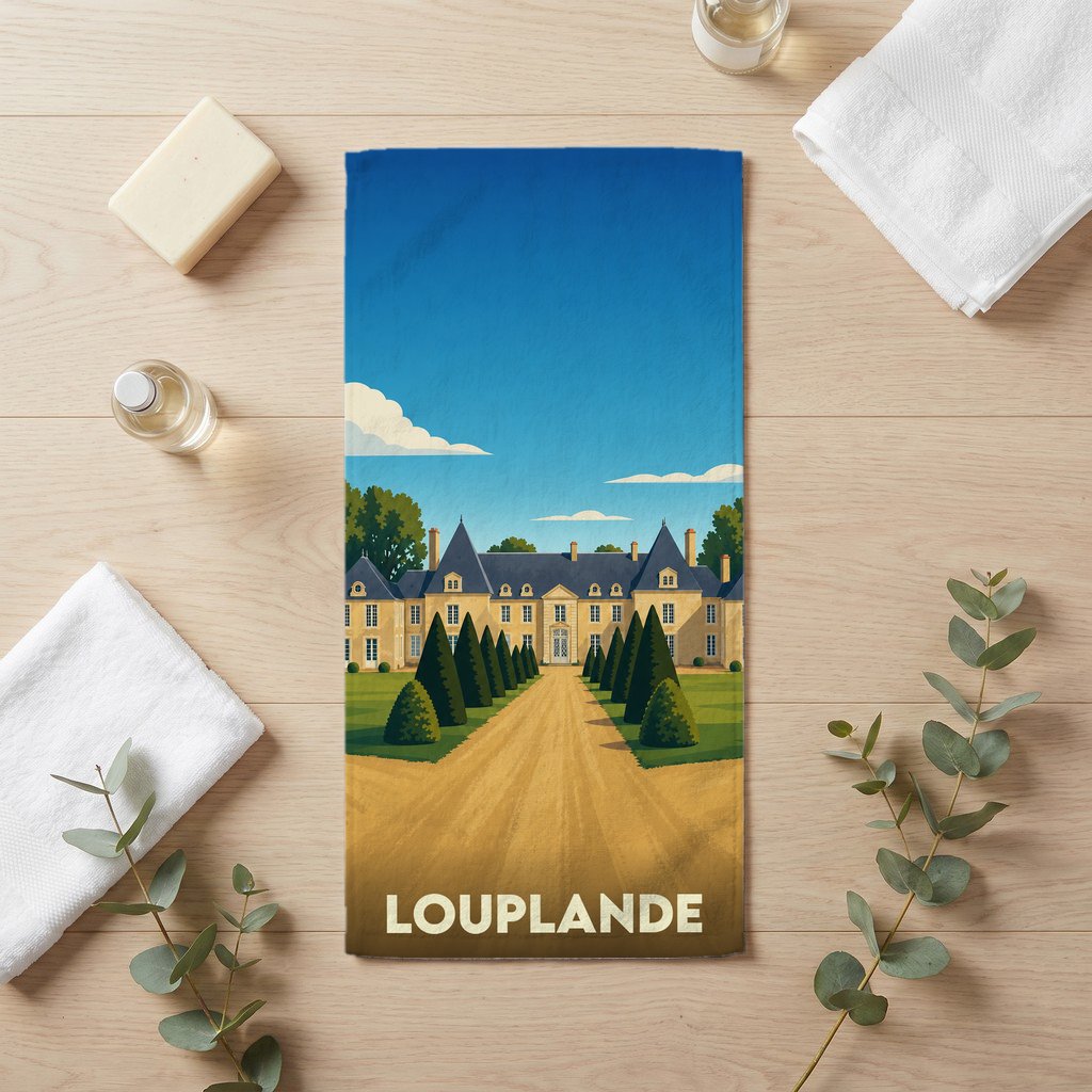 Serviette de bain souvenir de la ville de Louplande avec une illustration stylisée d'un château.