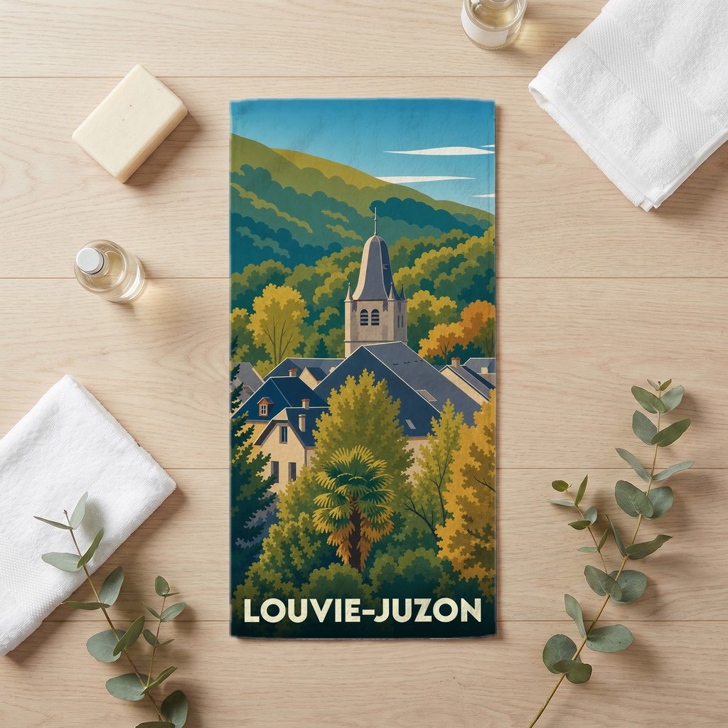 Serviette de bain souvenir de la ville de Louvie-Juzon avec une illustration stylisée de son église et de ses paysages montagneux.