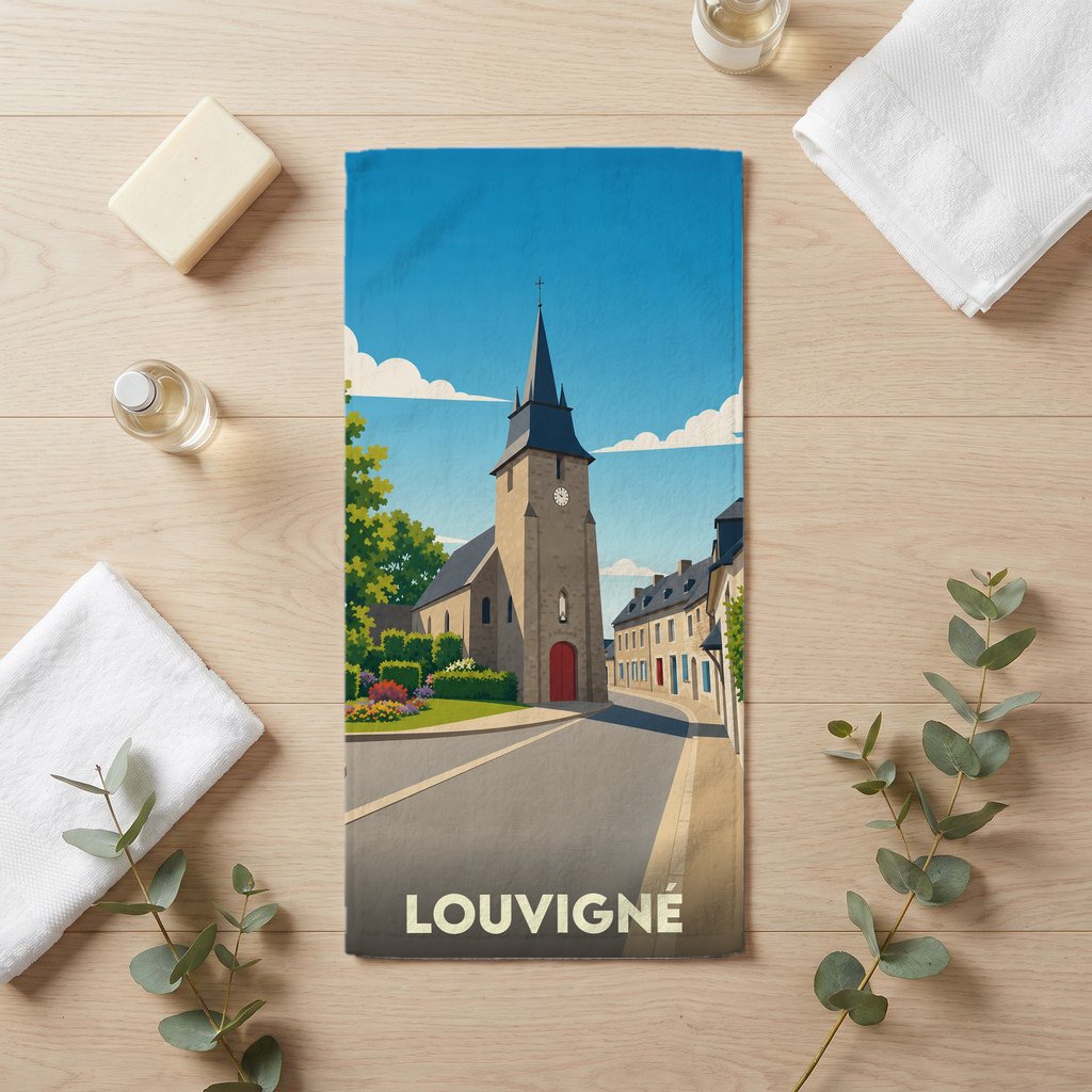 Serviette de bain souvenir de la ville de Louvigné avec une illustration stylisée.