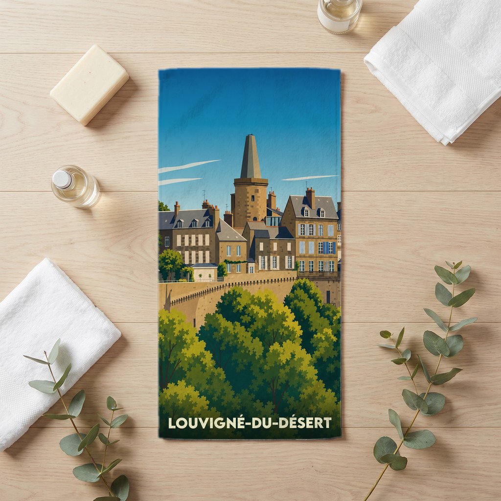 Serviette de bain souvenir de la ville de Louvigné-du-Désert avec une illustration stylisée.