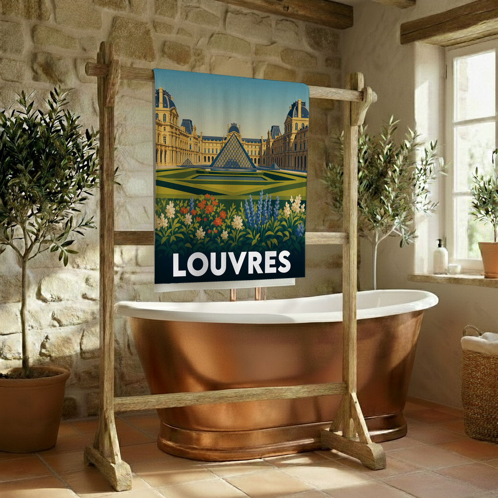 Serviette de bain souvenir du Louvre présentant une illustration stylisée du musée et de sa pyramide.