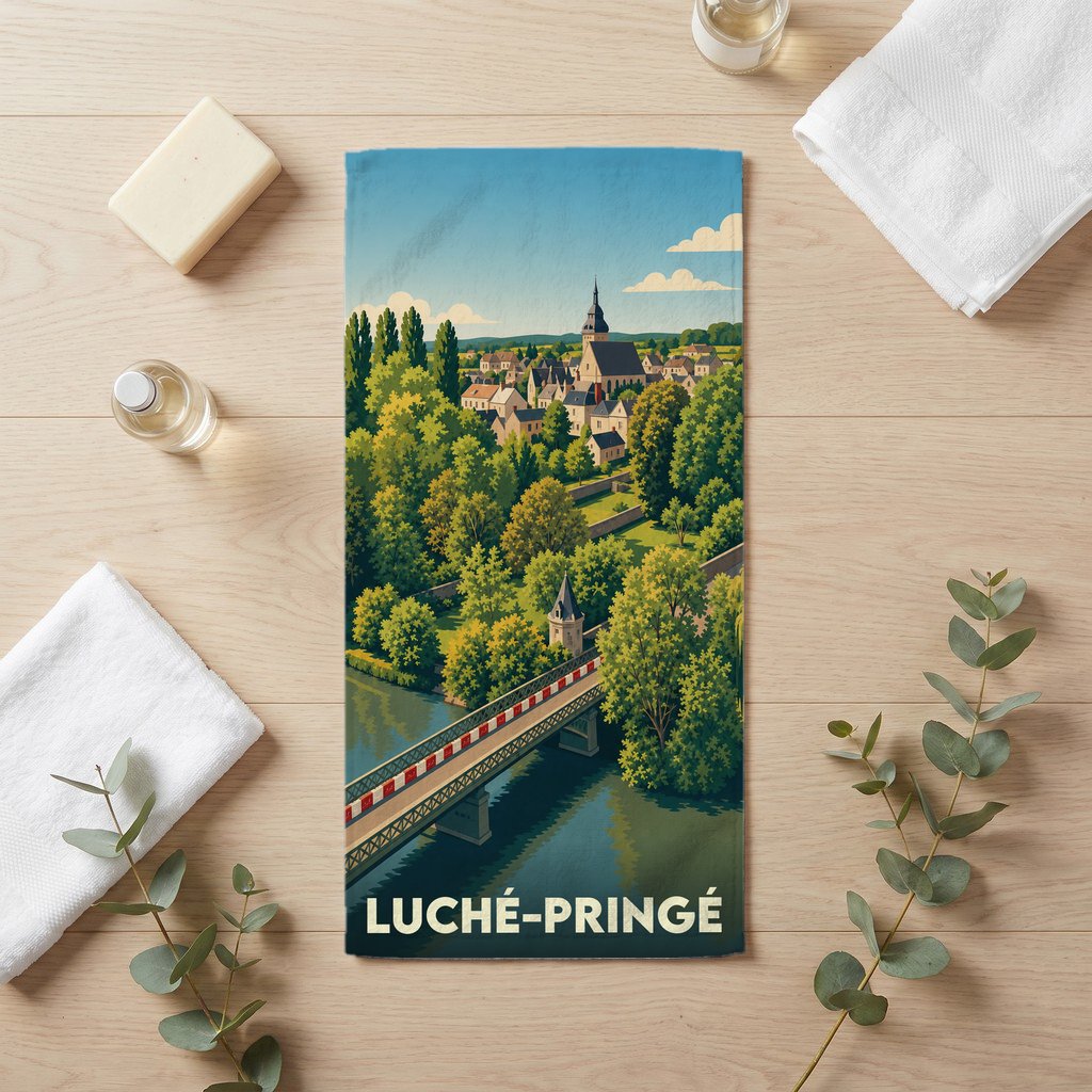 Serviette de bain souvenir de la ville de Luché-Pringé avec une illustration stylisée de son pont et de son église.
