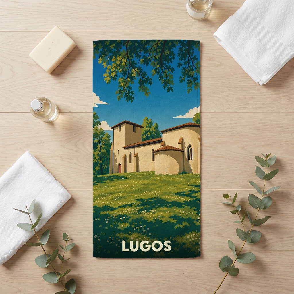 Serviette de bain souvenir de la ville de Lugos avec une illustration stylisée de son église.