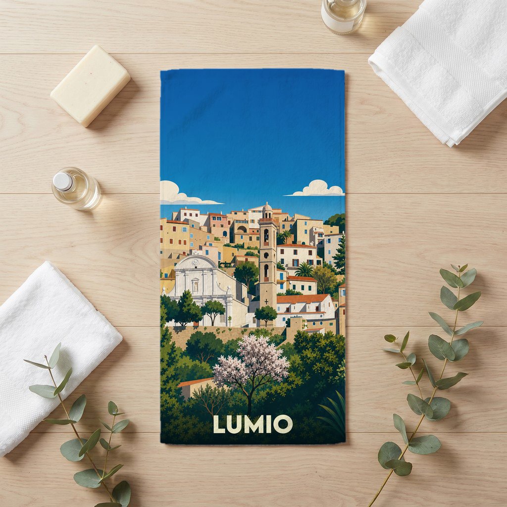 Serviette de bain souvenir de la ville de Lumio avec une illustration stylisée.