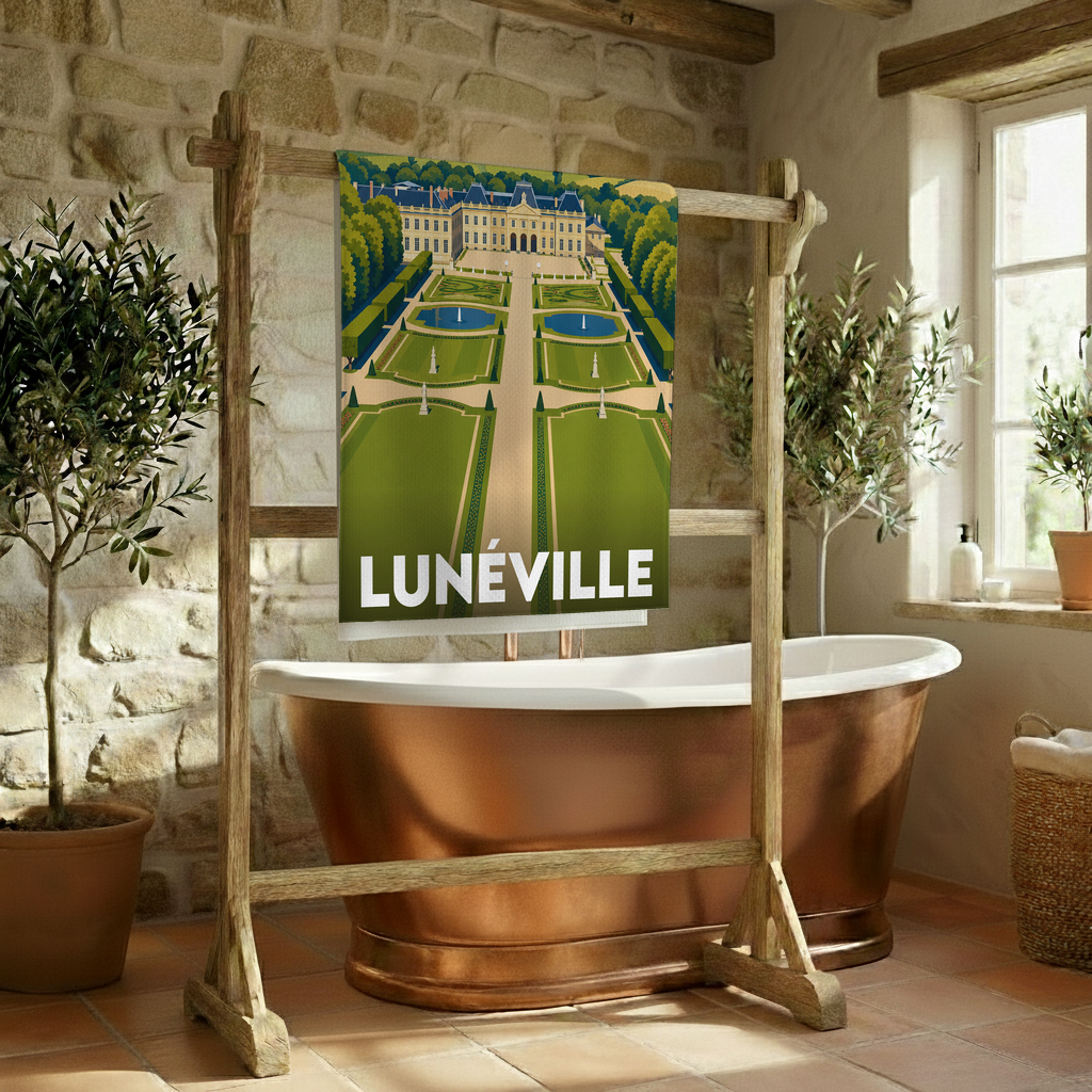Serviette de bain souvenir de la ville de Lunéville avec une illustration stylisée.