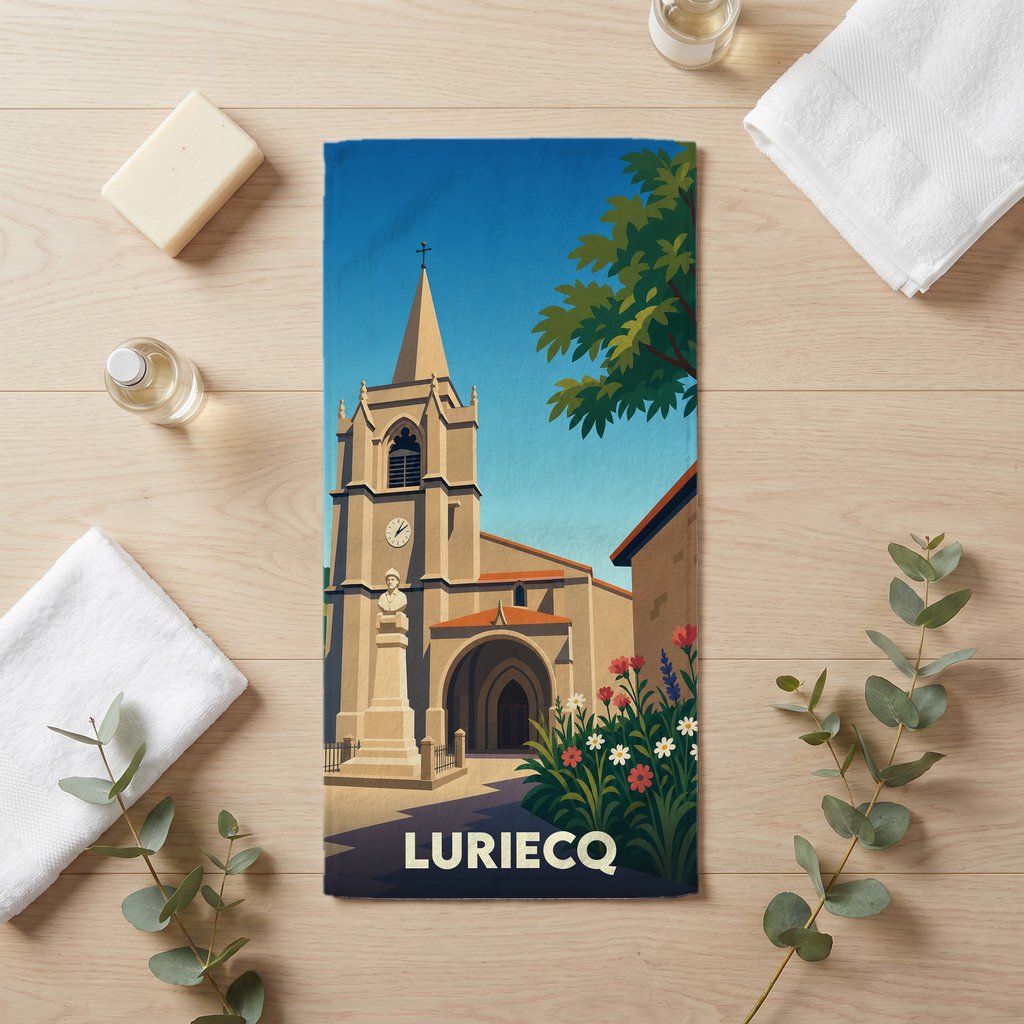 Serviette de bain souvenir de la ville de Luriecq avec une illustration stylisée de son église.