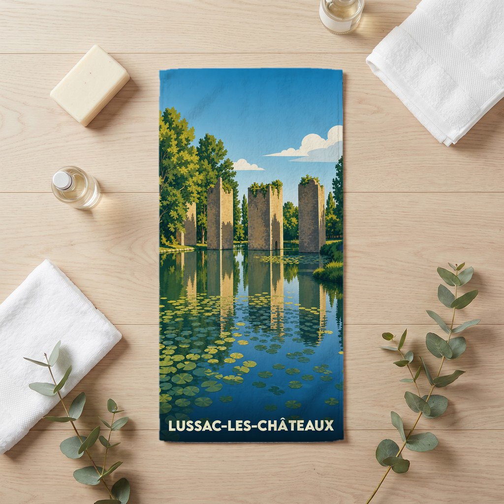 Serviette de bain souvenir de Lussac-les-Châteaux illustrée par les vestiges d'un pont médiéval sur l'eau.