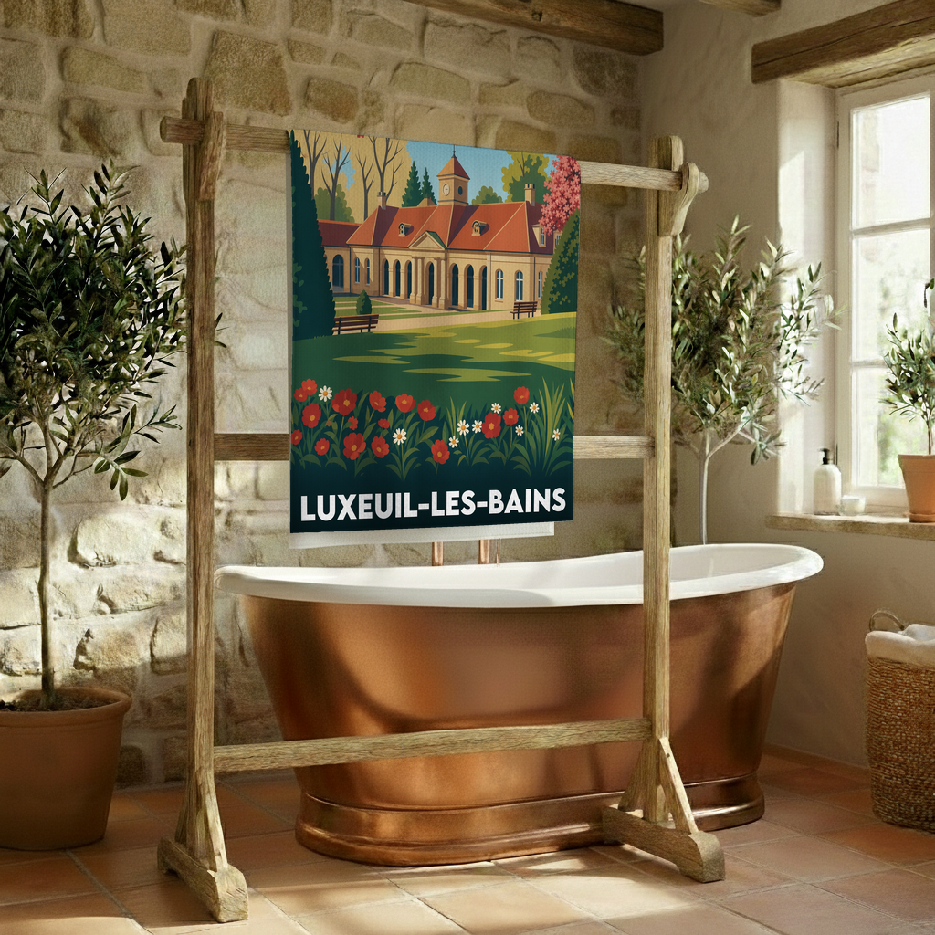 Serviette de bain souvenir de la ville de Luxeuil-les-Bains avec une illustration stylisée de ses thermes.