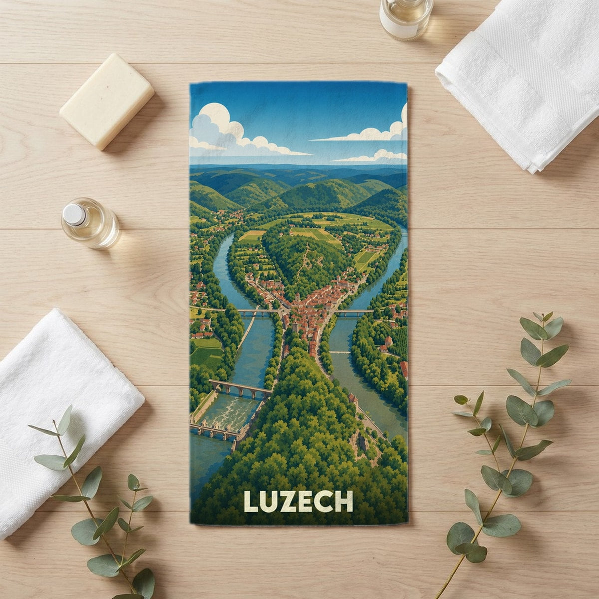Serviette de bain 30 cm x 60 cm souvenir de Luzech