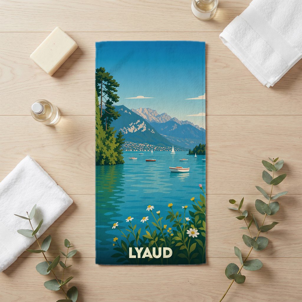 Serviette de bain souvenir de la ville de Lyaud avec une illustration stylisée d'un lac de montagne.
